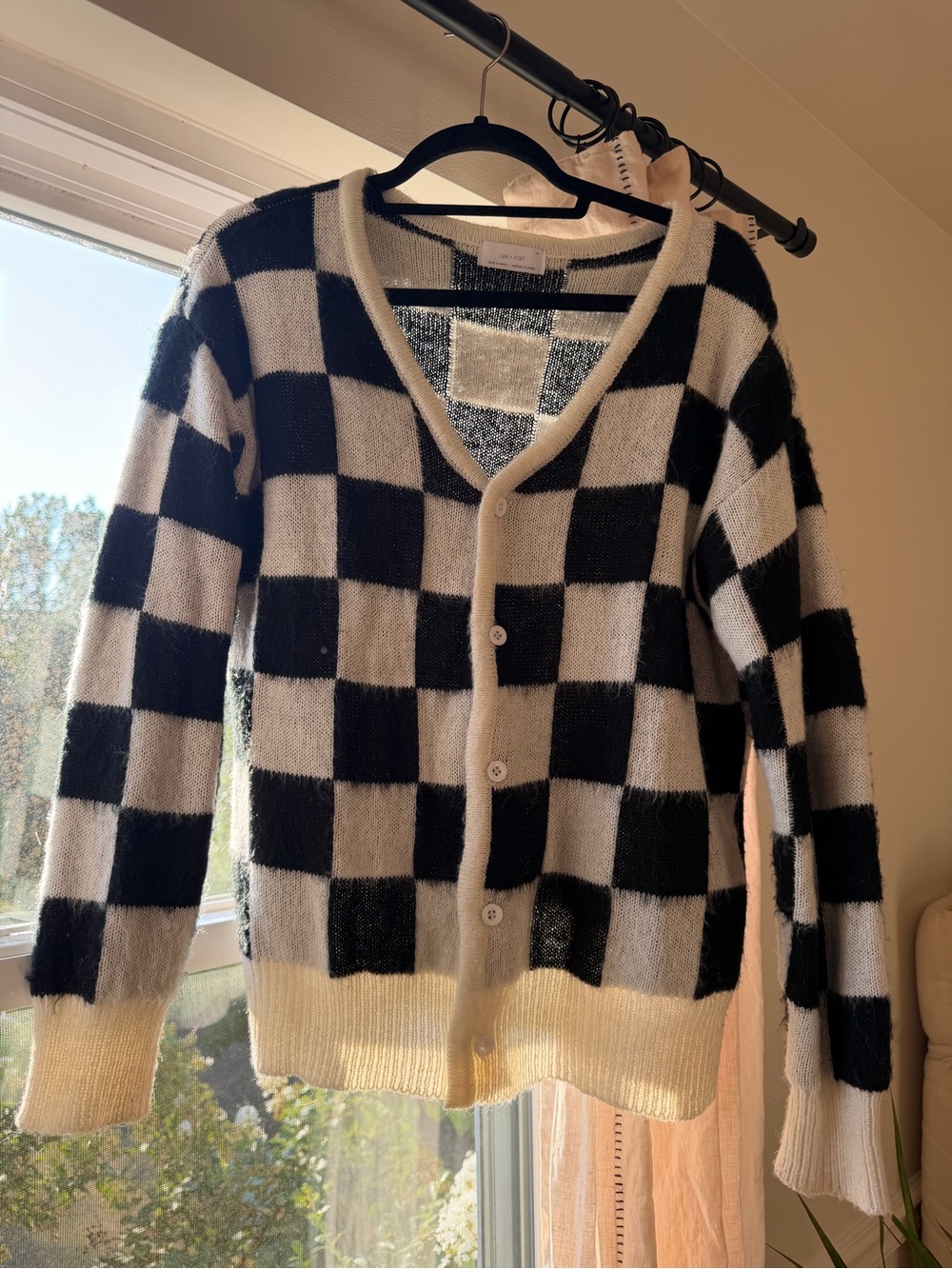 OAK + FORT Black & White Checkered Cardigan Oversized Relaxed Mohair Size Small